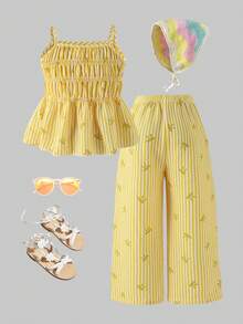Young Girl' Cute Striped Bow Print Camisole And Flowy Wide Leg Pants Set, Summer - Yellow - View 2
