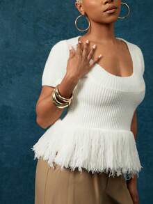 Vixey Fringe Hem Rib Knit Short Sleeve Peplum Top - Beige - View 4