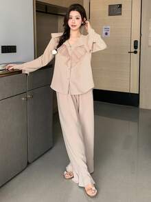 DAZY Women's Elegant Ruffle V-Neck Pajama Set, Spring - Pink - View 5