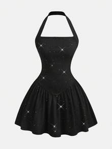 SHEIN Đầm dự tiệc hở lưng cổ yếm đính sequin thời trang dành cho thiếu nữ - màu đen - Xem 1