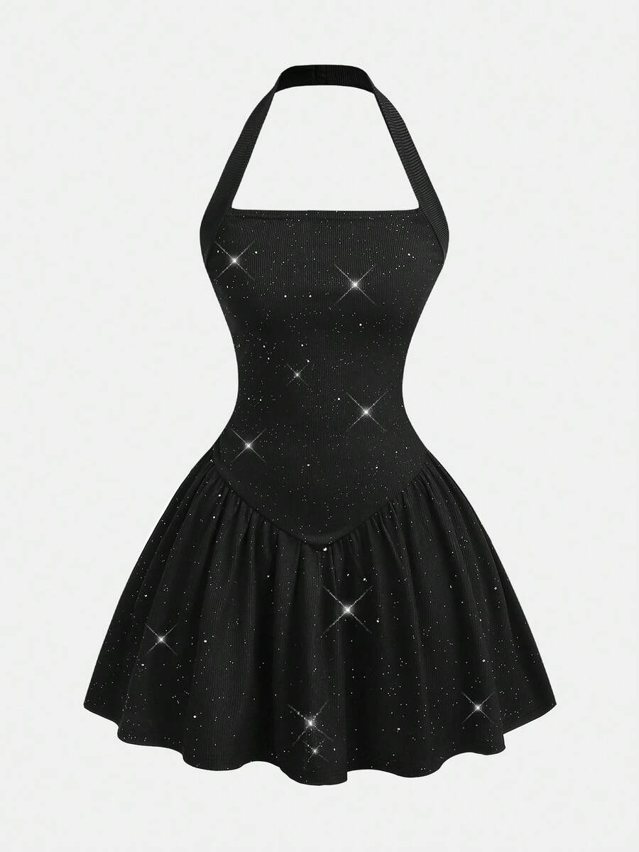 SHEIN Đầm dự tiệc hở lưng cổ yếm đính sequin thời trang dành cho thiếu nữ - màu đen - Xem 1