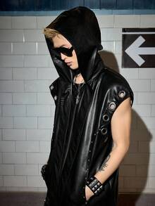 ROMWE MEN Goth Men's PU Leather Hooded Zipper Jacket With Eyelets, Fashionable And Versatile For Daily Wear - Black - View 3