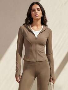 Anewsta New Tight-Fitting Hooded Yoga Jacket, High Stretch Naked Feeling Slim Fit Cardigan With Sleeve Cuffs - Khaki - View 2