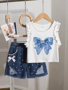 Sparklyn 两件套春夏少女正式甜美可爱纹理面料刺绣花卉图案上衣搭配牛仔流苏短裤套装，适合日常、休闲、度假、朋友聚会等场合。 - 藍白色 - 查看 3
