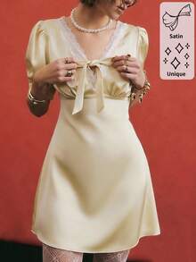 Poéselle Đầm ngắn nữ thời trang thanh lịch cổ chữ V phối ren. - Màu Mù tạt vàng - Xem 2