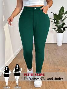 SHEIN PETITE CURVE Plus Size Solid Color High Waist Pants, Suitable For Everyday Wear - Green - View 1
