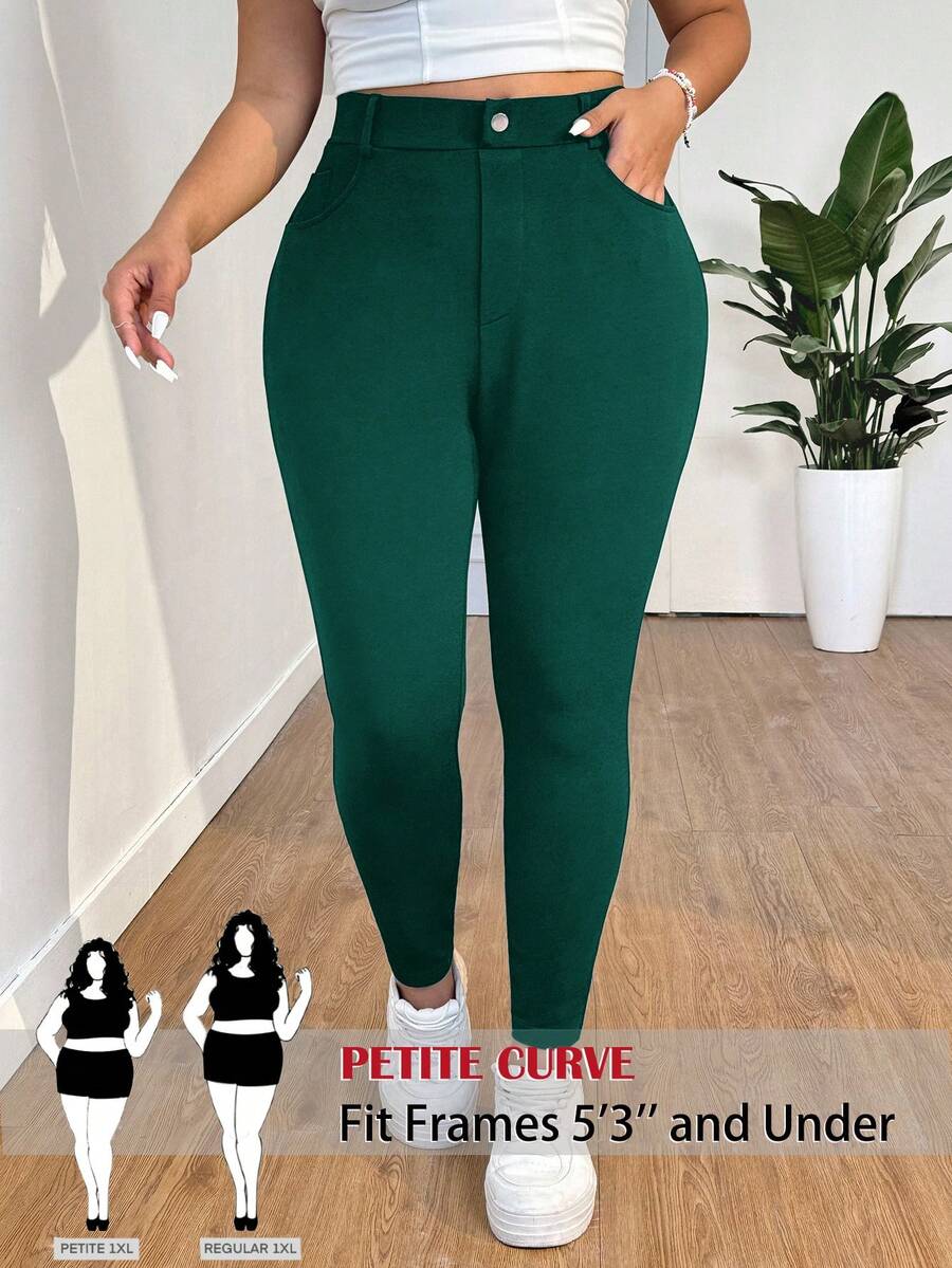 SHEIN PETITE CURVE Plus Size Solid Color High Waist Pants, Suitable For Everyday Wear - Green - View 1