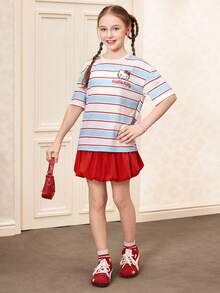 HELLO KITTY AND FRIENDS | SHEIN 少女休闲条纹猫咪印花圆领落肩T恤，夏季 - 彩色 - 查看 8