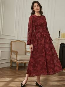 Dazy-Less Women's Elegant Round Neck Bell Sleeve Dress - Redwood - View 6