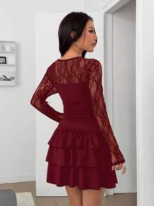 SHEIN EZwear 女士酒红色针织层叠蕾丝修身连衣裙，春夏款 - 酒紅色 - 查看 2