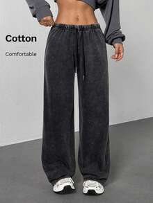 SHEIN PETITE Quần nỉ ống đứng lưng thấp thường ngày dành cho nữ, thích hợp cho mùa hè, đã giặt - màu đen - Xem 3
