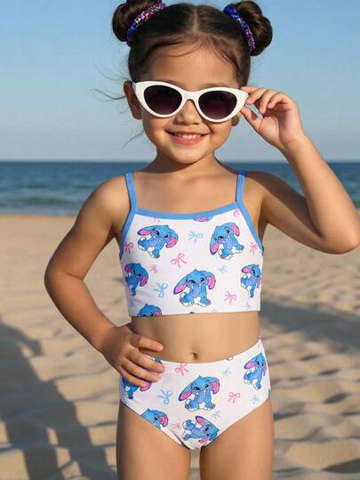 SHEIN Young Girls Cute Cartoon Blue Stitch Rabbit Bow Decor, Beach Vacation Style, Young Girls Casual Slim Fit Camisole & Triangle Bikini Swimsuit Set, Suitable For Summer Chill Vacation, #Coconutgirl