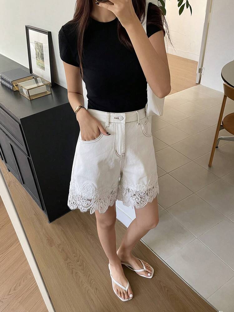 Women's Loose Casual Lace Patchwork Wide Leg Jeans Shorts, Vacation Style, Spring/Summer Jorts
