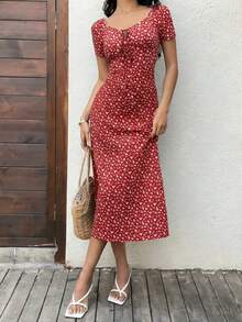 SHEIN Unity Đầm ngắn tay họa tiết hoa nhí thanh lịch dành cho nữ, kiểu dáng dự tiệc, thắt nơ phía trước. - Đỏ - Xem 3