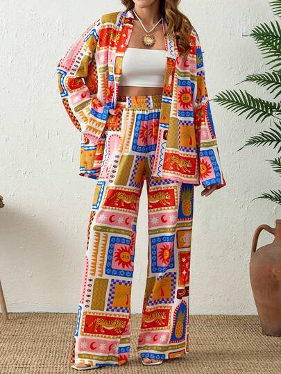 Cloudara Dwuczęściowy damski komplet w kolorze niebieskim w stylu boho – top z kimonowymi rękawami i szerokie spodnie, dopasowany garnitur z wysokim stanem, swobodny strój na święta