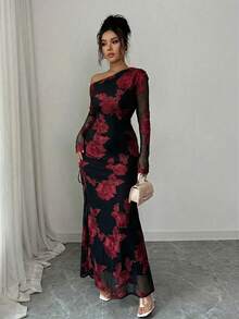 Rafferiza Đầm xẻ tà bất đối xứng bằng vải lưới Jacquard dành cho nữ - Đỏ và đen - Xem 6
