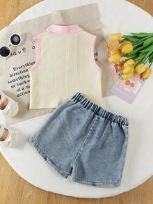 SHEIN Elladie kids 新款V领T恤和牛仔短裙套装，适合4-7岁女孩，春夏款，刺绣时尚套装，适合休闲、度假、上学、旅行、户外活动等场合。 - 彩色 - 查看 2