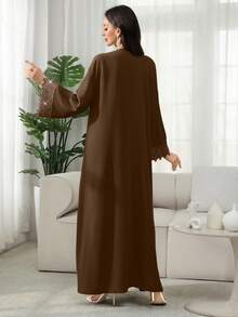 SHEIN Najma Elegantes Kleid mit V-Ausschnitt, Glockenärmeln und Perlendekor mit Blumenmuster, Frühling/Sommer - Kaffeebraun - Übersicht 2