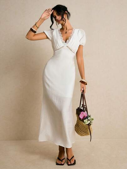 Poéselle Women's Solid Color Lace Trim V-Neck Short Sleeve Dress