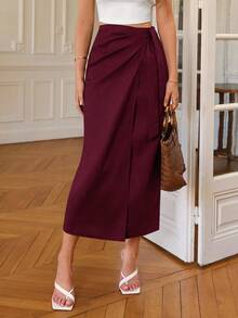 Poéselle 女士纯色侧打结裹身优雅半身裙 - 酒紅色 - 查看 2