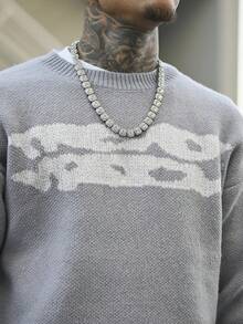 Devon Thys 男士毛衣，秋冬季保暖，欧美风格，男女皆宜，宽松版型，商务休闲，高街时尚，小众设计，长袖，落肩，简约圆领针织上衣 - 灰色 - 查看 3