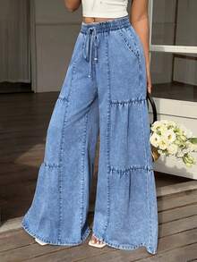 Sunnyshic Quần jeans nữ thường ngày cạp chun màu trơn - Màu xanh lam - Xem 1