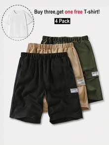 4pcs/Set Teenager Casual Round Neck T-Shirt & Cargo Shorts Outfit, Graphic Print, Side Pockets, Suitable For Leisure, Outdoor, Daily Wear - Khaki - View 2