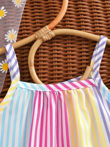 SHEIN Playful Pals 女婴休闲可爱多色条纹印花梭织连衣裙，夏季 - 彩色 - 查看 5