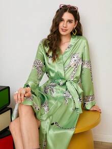 Leopard Print Satin Women Robe - Multicolor - View 5