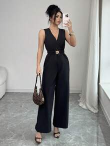 SHEIN PETITE Women's Sexy V-Neck Sleeveless Thin Waist Belt Accessory Wide Leg Jumpsuit, Spring/Summer - Black - View 1