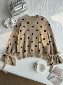 Comfortcana 可爱波点针织圆领毛衣，带蝴蝶结 - 杏色 - 查看 5