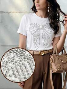 Anewsta Women's Elegant And Fashionable Rhinestone Embellished T-Shirt, Suitable For Daily Commute Rhinestone Tops Women's Graphic Tees - White - View 1