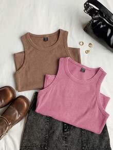 Comfortcana 2pcs Women Solid Color Sleeveless Tight Knit Tank Top Set - Hot Pink - View 5