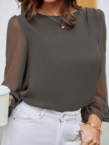 EMERY ROSE Áo thun dài tay cổ tròn màu trơn, kiểu dáng thường ngày, đa năng. - Màu xám đen - Xem 5