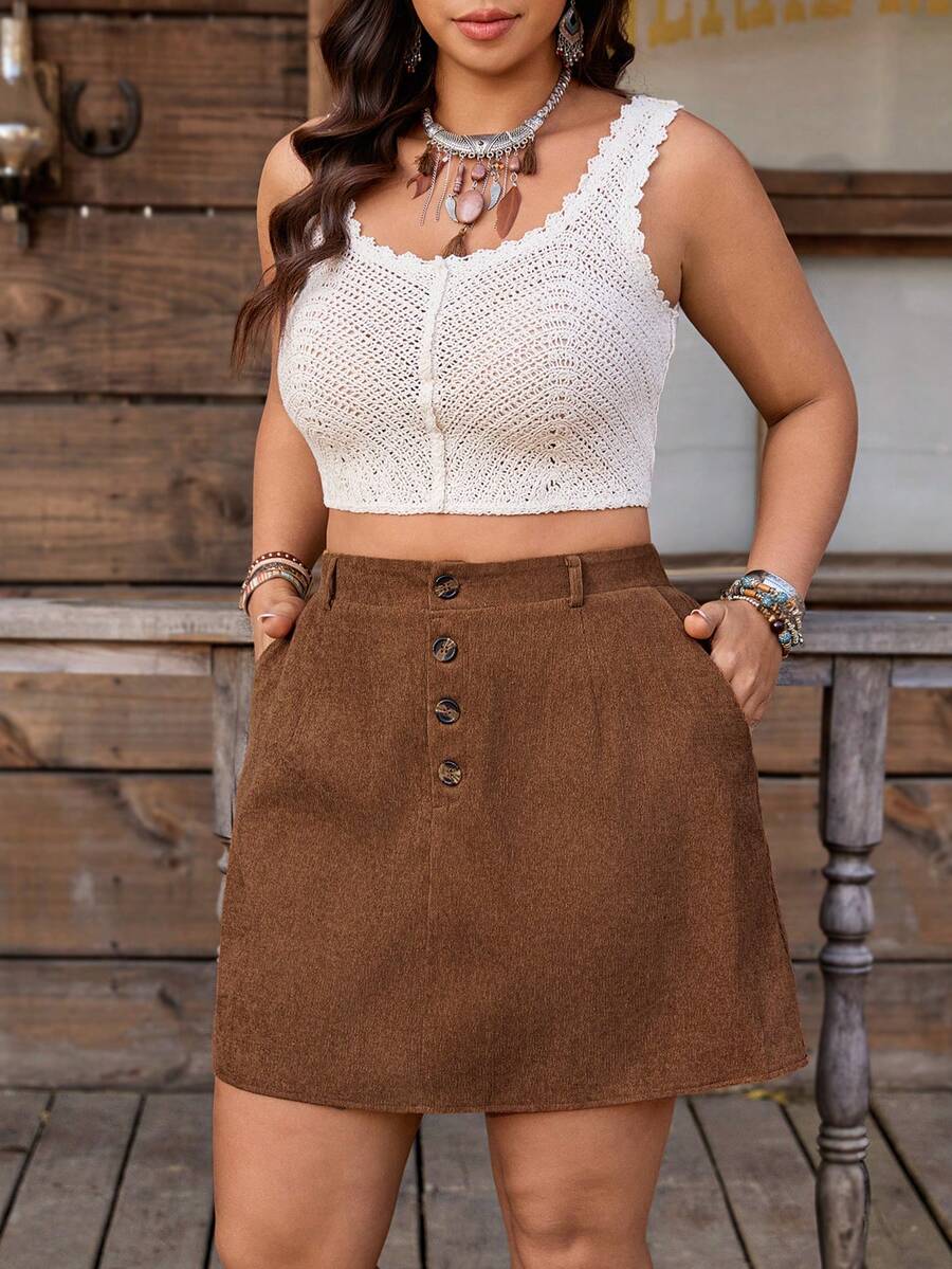 SHEIN Tall CURVE 大码女式灯芯绒A字裙,纽扣装饰,棕色长款休闲裙,适合通勤、毕业典礼、节日、情人节、音乐节、母亲节、万圣节、感恩节、复活节、国庆节、舞会、约会、派对、婚礼、郊游等场合。 - 棕色 - 查看 1