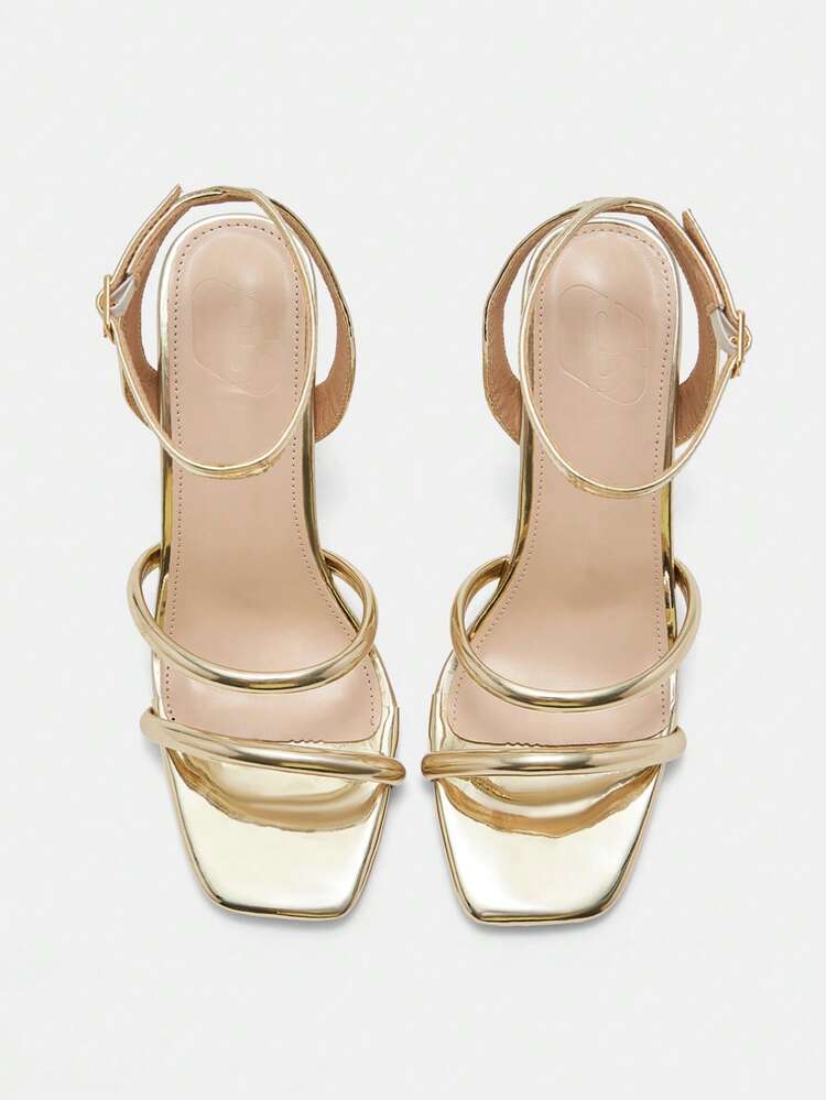 CUCCOO CURVES Women Shoes Wide Fit Square Toe Thick High Heel Gold Ankle Strap Thin Strap Stylish Sexy Comfortable Commuter Women High Heel Sandals Plus Size Valentine's Day