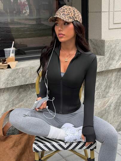 Dewbera เสื้อแจ็คเก็ตกีฬาเข้ารูปดีไซน์คอปกตั้งลายทางสีดำอเนกประสงค์แบบลำลองพร้อมช่องสอดนิ้วหัวแม่มือ