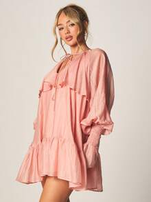 MISSGUIDED Coral Pink Tiered Ruffle Mini Dress With Puff Balloon Sleeves V-Neckline Button Front Gathered Hem Boho Style Spring Summer - Dusty Pink - View 4