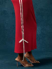 Vixey 条纹蝴蝶结侧边细节工字领罗纹中长连衣裙 - 紅色 - 查看 5