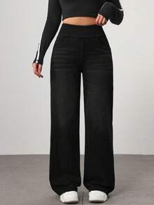 Flexra Petite Solid Color Elastic Waist Casual Versatile Jeans Custom-Designed For Petites. A Perfect Fit For The 150-160cm Build - Black - View 5