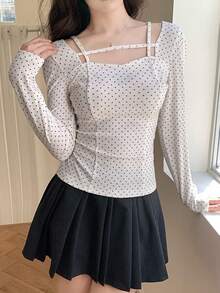 FRIFUL 女士甜心领吊带长袖修身波点T恤 - 杏色 - 查看 4