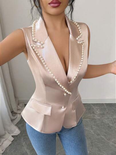 Elenzga Women's Solid Color Faux Pearl Decor Irregular Lapel Single Breasted Elegant Sleeveless Blazer