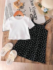 Conjunto de 2 peças para menina: camiseta de malha lisa com gola redonda e vestido curto floral. - Preto e Branco - Ver 6