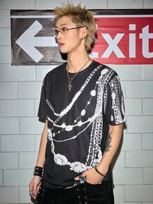 ROMWE MEN Grunge Punk Men's Casual Chain Print Short Sleeve T-Shirt, Summer - Black - View 5