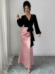 SHEIN Raffinéa 女士优雅时尚黑金撞色V领系带丝绒上衣搭配彩色撞色下摆连衣裙，适合晚宴、假日和正式场合。 - 粉色 - 查看 6