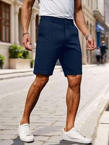 Manfinity Homme Men's Solid Color Pocket Loose Casual Versatile Shorts - Navy Blue - View 4