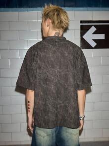 ROMWE MEN Street Life Men's Single-Breasted Short Sleeve Brown PU Shirt - Brown - View 3