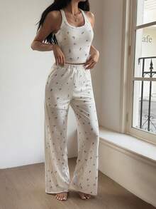 Livesso 2pcs Women Casual Printed Tank Top & Pants Set - Beige - View 3