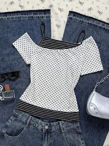 SHEIN EZwear Áo thun ngắn tay nữ kiểu dáng thường ngày, chấm bi và sọc phối màu, phong cách grunge vintage cá tính, thích hợp cho mùa hè, lễ hội âm nhạc, kỳ nghỉ, các sự kiện thể thao. - Nhiều màu - Xem 1