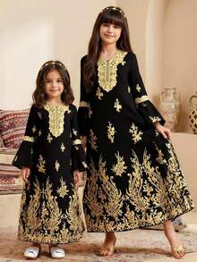 فستان كم طويل بطباعة بسيطة للفتيات المراهقات - الأسود - مشاهدة 1